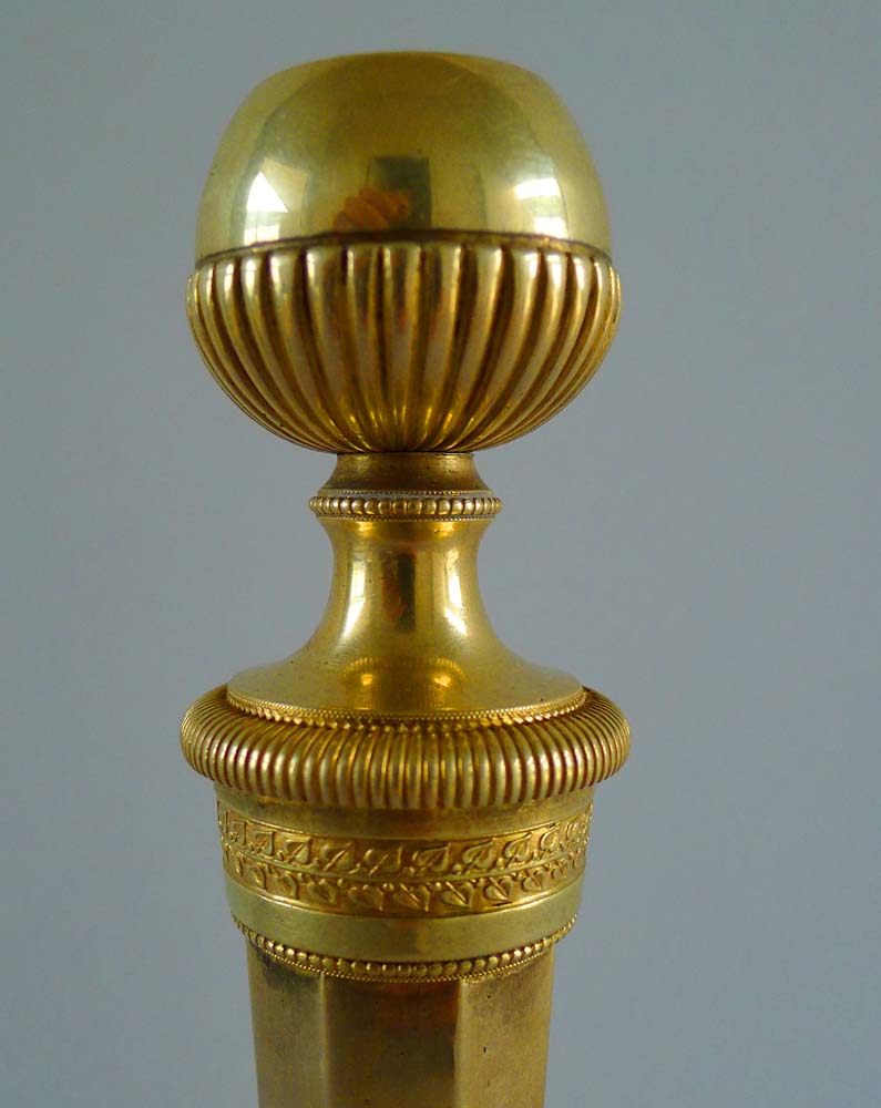 Fine antique French Empire pair of ormolu candlesticks with original hand cut threads.