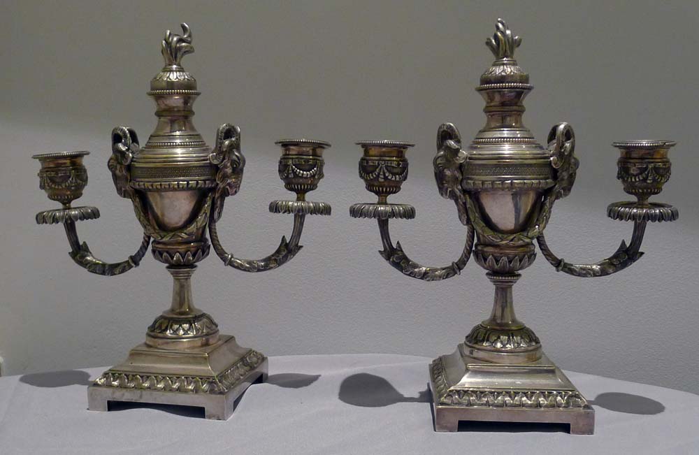 Pair antique silvered bronze candelabra/cassolettes in the manner of Mathew Boulton.