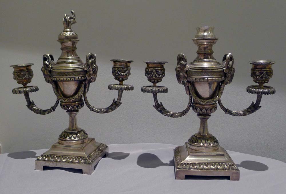 Pair antique silvered bronze candelabra/cassolettes in the manner of Mathew Boulton.