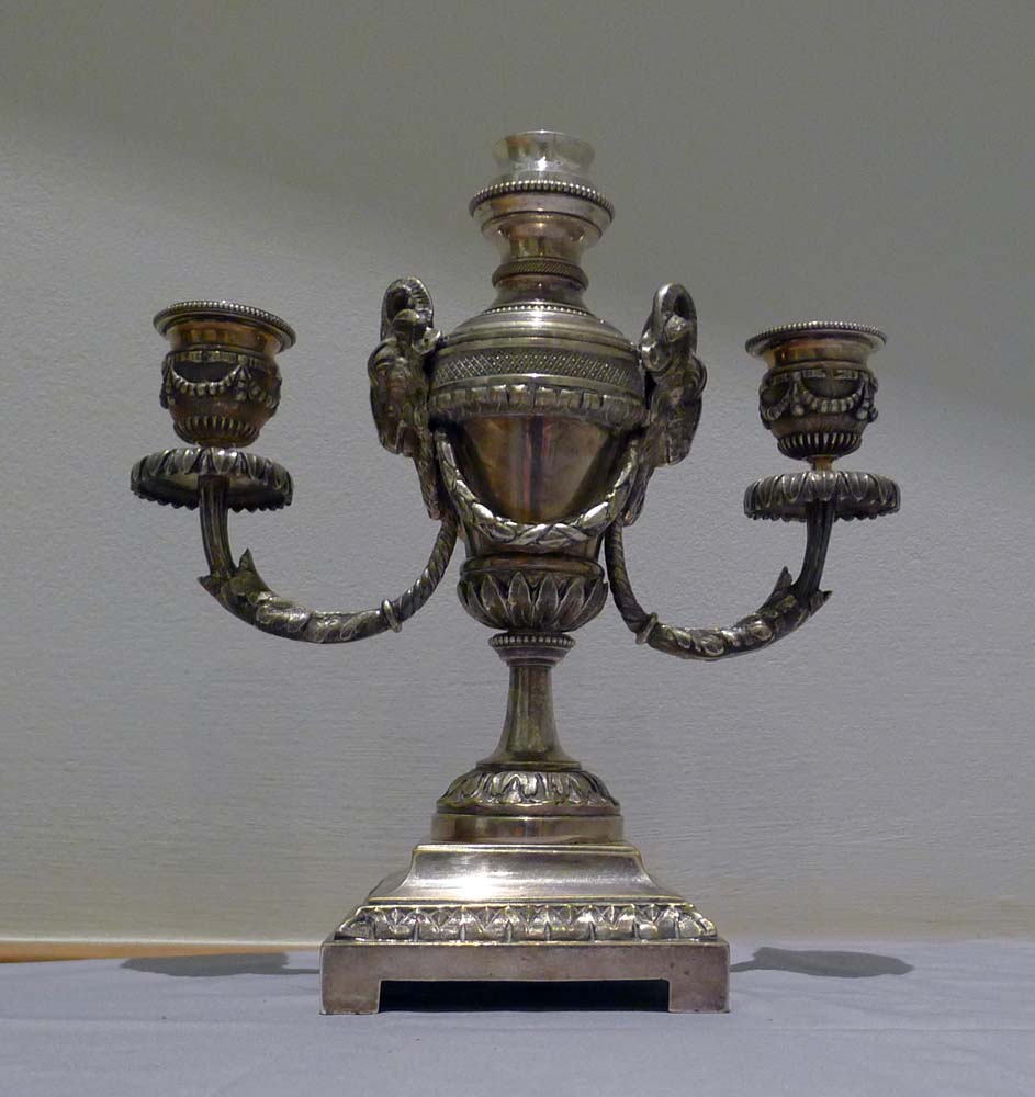 Pair antique silvered bronze candelabra/cassolettes in the manner of Mathew Boulton.
