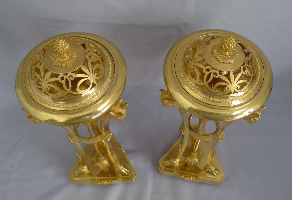 Fine Antique French Empire pair of ormolu cassolettes.