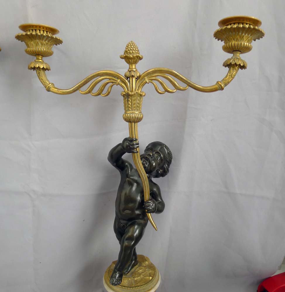 Fine antique early 19thC. Ormolu, patinated bronze, fleurospar and white marble figural candelabra.