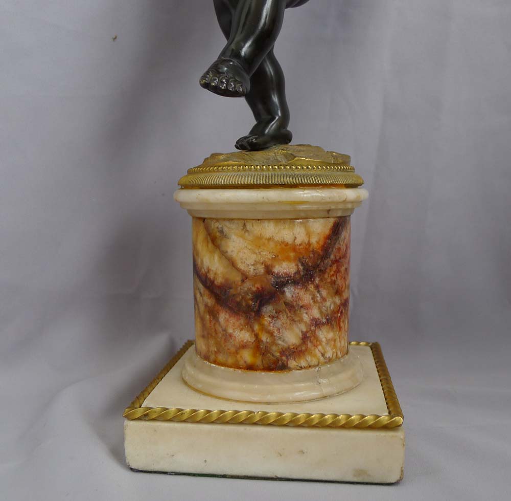 Fine antique early 19thC. Ormolu, patinated bronze, fleurospar and white marble figural candelabra.