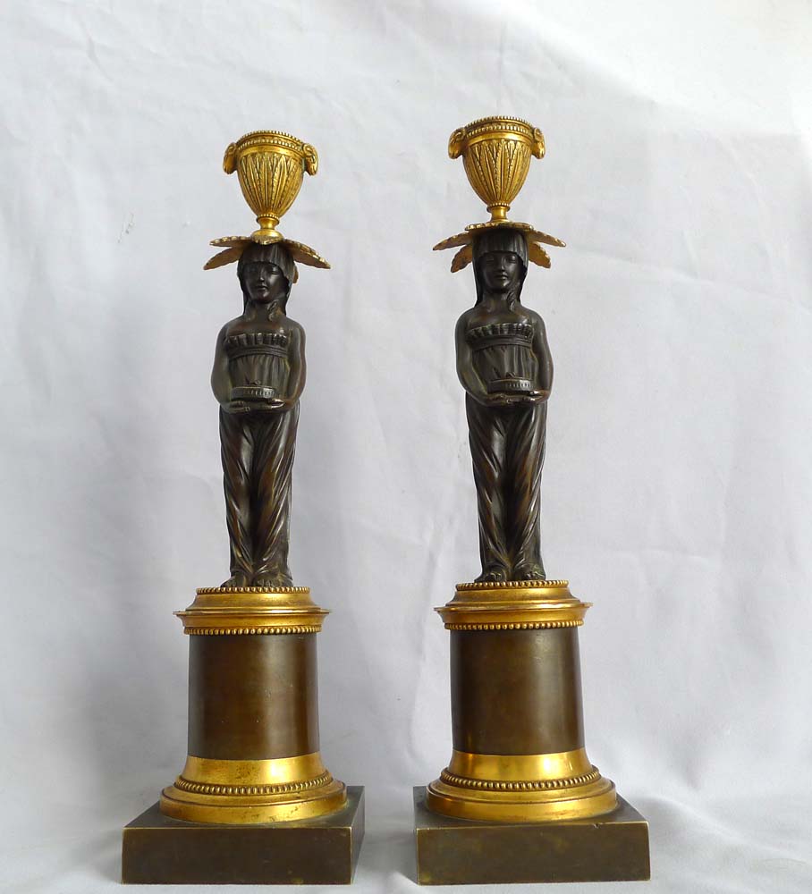 Antique English Regency ormolu and patinated bronze figural candlesticks
