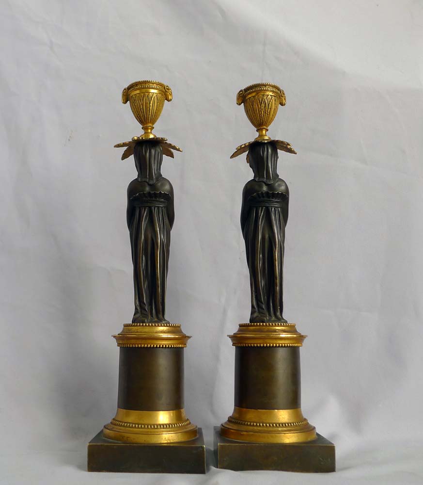 Antique English Regency ormolu and patinated bronze figural candlesticks