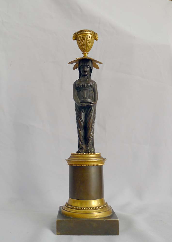 Antique English Regency ormolu and patinated bronze figural candlesticks