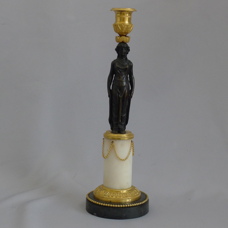 Pair of antique French Empire patinated bronze, ormolu, white & black marble figural candlesticks