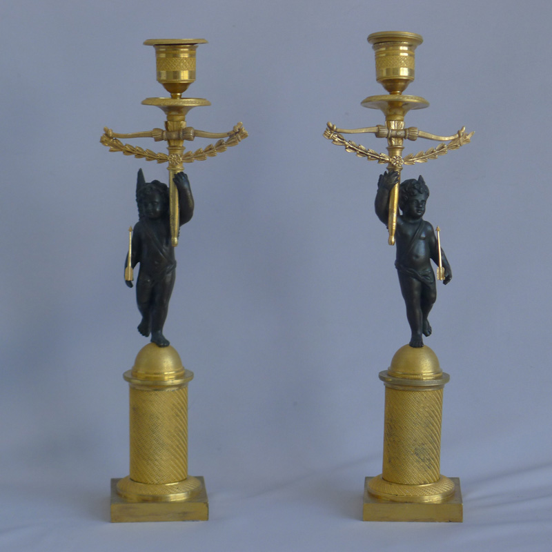 Antique French True Pair of Empire Ormolu Cherub Candlesticks