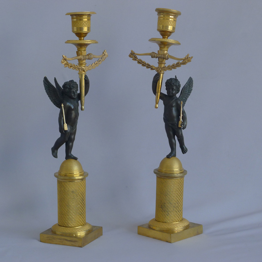 Antique French True Pair of Empire Ormolu Cherub Candlesticks
