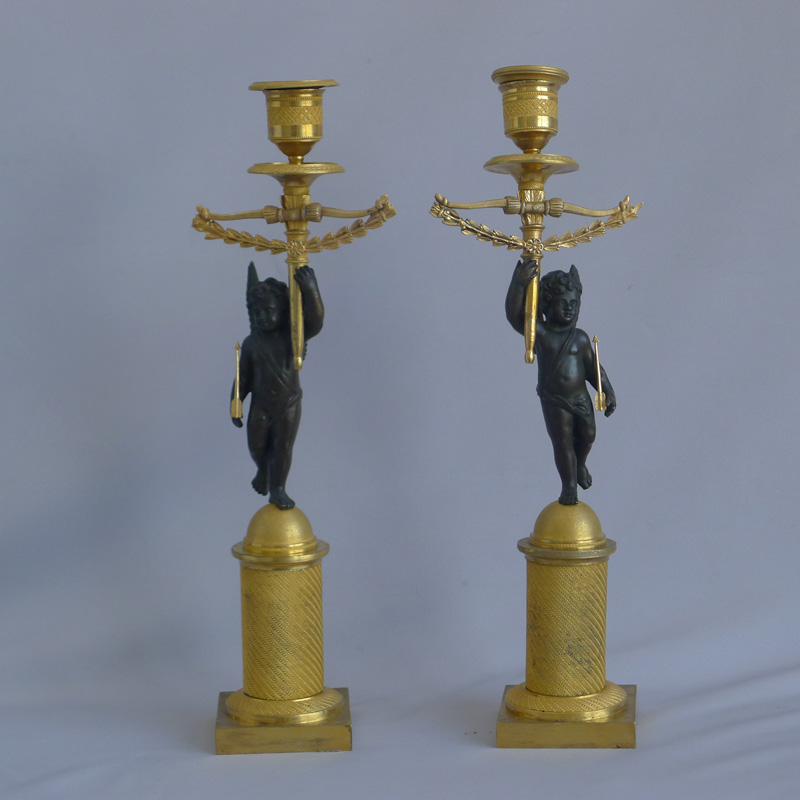 Antique French True Pair of Empire Ormolu Cherub Candlesticks