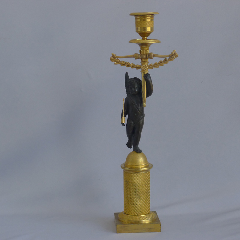 Antique French True Pair of Empire Ormolu Cherub Candlesticks