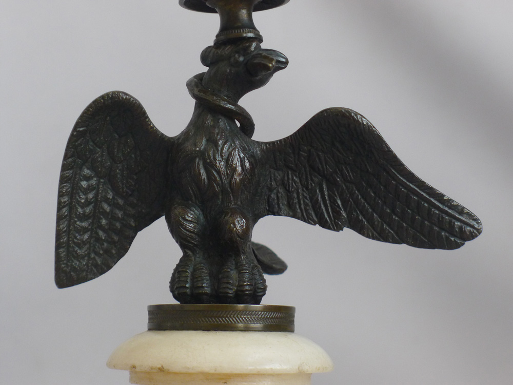 Antique pair of Regency candlesticks in form of eagle with viper