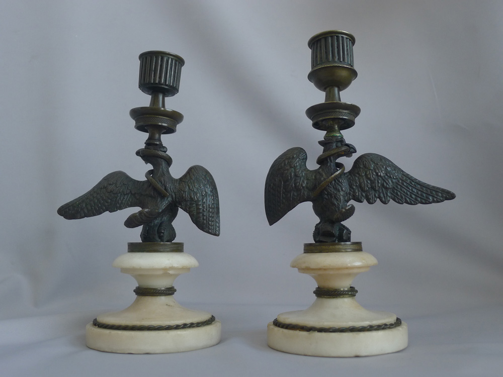 Antique pair of Regency candlesticks in form of eagle with viper