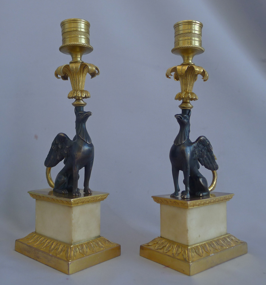 Antique pair of George III Ormolu and marble Chambers pattern Griffin Candlesticks