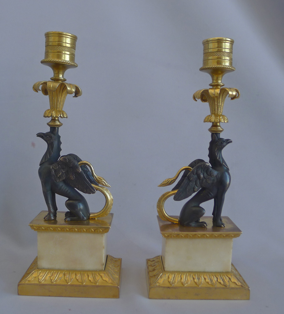 Antique pair of George III Ormolu and marble Chambers pattern Griffin Candlesticks
