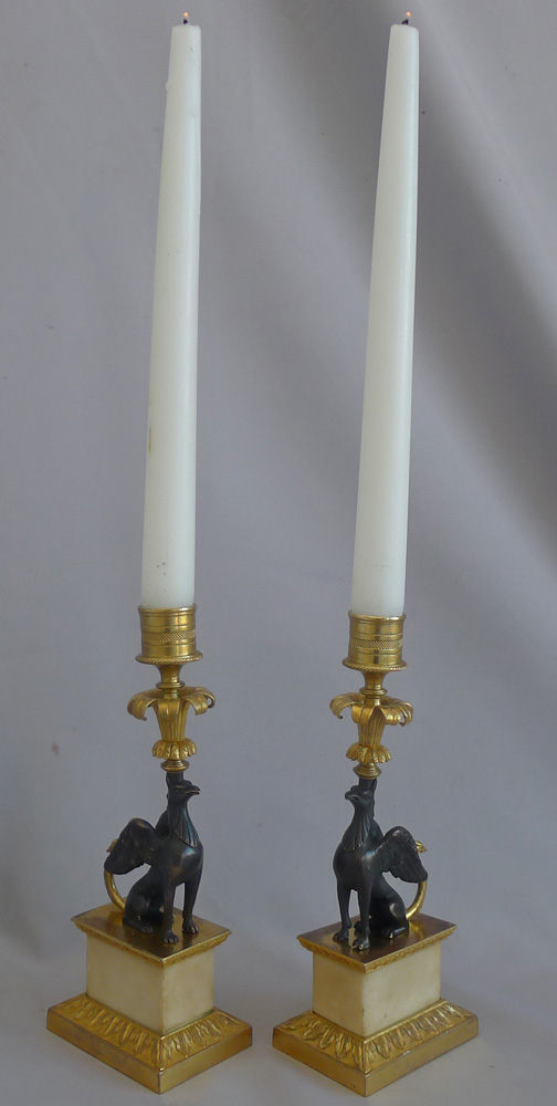 Antique pair of George III Ormolu and marble Chambers pattern Griffin Candlesticks