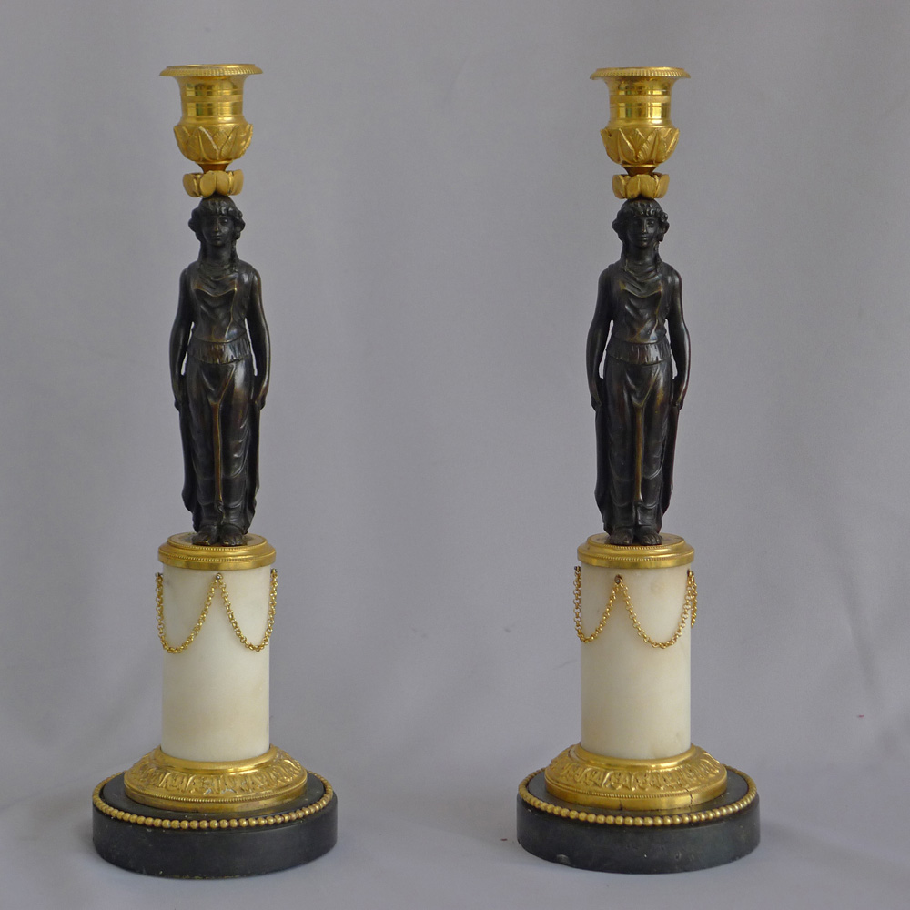 Antique Pair of English Regency figural candlesticks in Ormolu, patinated bronze and marble
