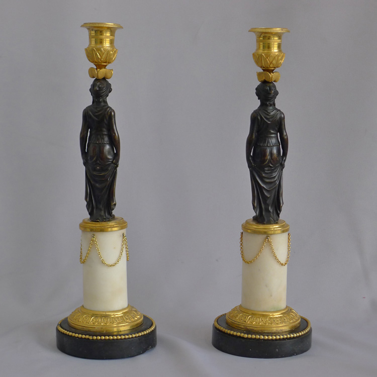 Antique Pair of English Regency figural candlesticks in Ormolu, patinated bronze and marble