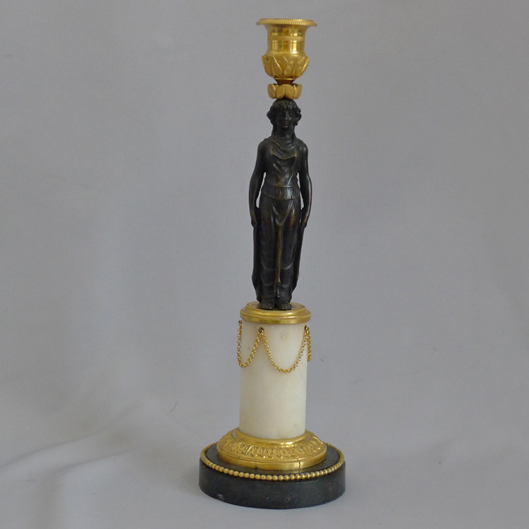 Antique Pair of English Regency figural candlesticks in Ormolu, patinated bronze and marble