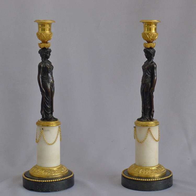 Antique Pair of English Regency figural candlesticks in Ormolu, patinated bronze and marble