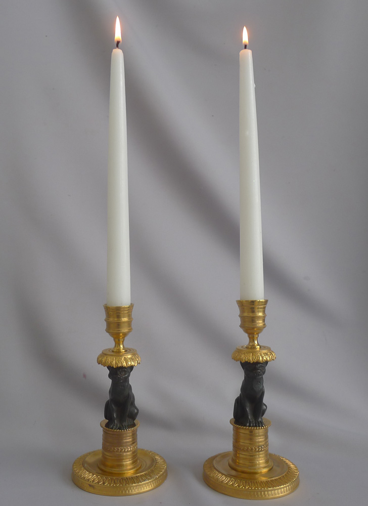 Antique pair of French Gout D'Egypt or Egyptian Revival ormolu and patinated bronze Cat Candlesticks