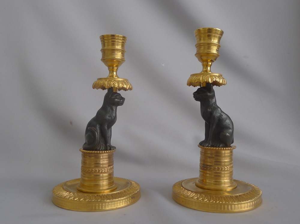 Antique pair of French Gout D'Egypt or Egyptian Revival ormolu and patinated bronze Cat Candlesticks