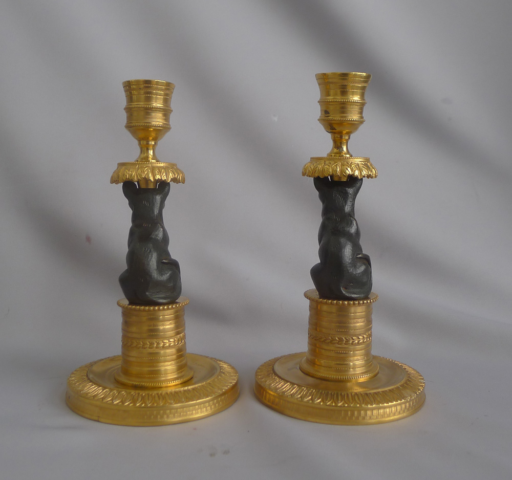 Antique pair of French Gout D'Egypt or Egyptian Revival ormolu and patinated bronze Cat Candlesticks