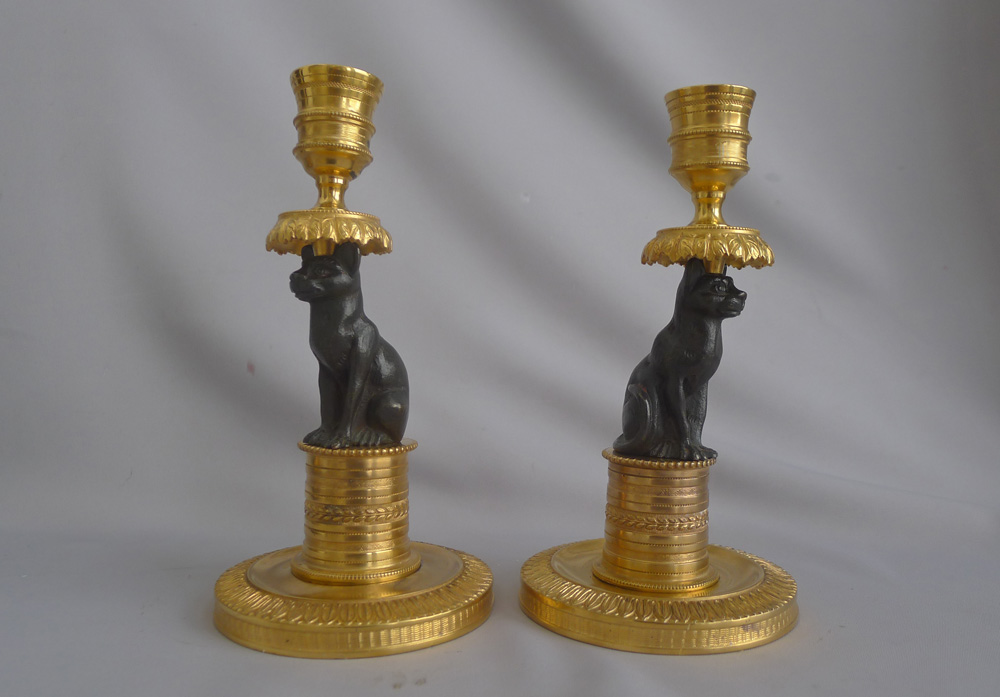 Antique pair of French Gout D'Egypt or Egyptian Revival ormolu and patinated bronze Cat Candlesticks