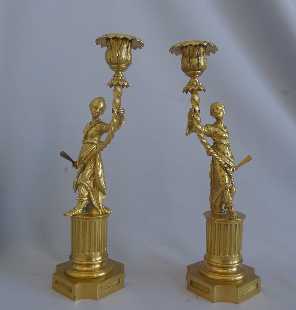 Antique Pair of English Regency Ormolu Chinoiserie Candlesticks