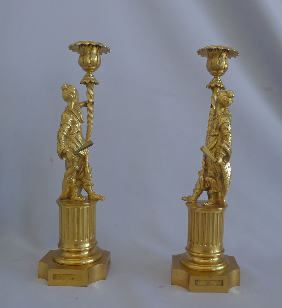 Antique Pair of English Regency Ormolu Chinoiserie Candlesticks