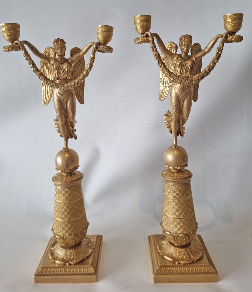 Antique French Empire Pair of ormolu figural two branch candelabra