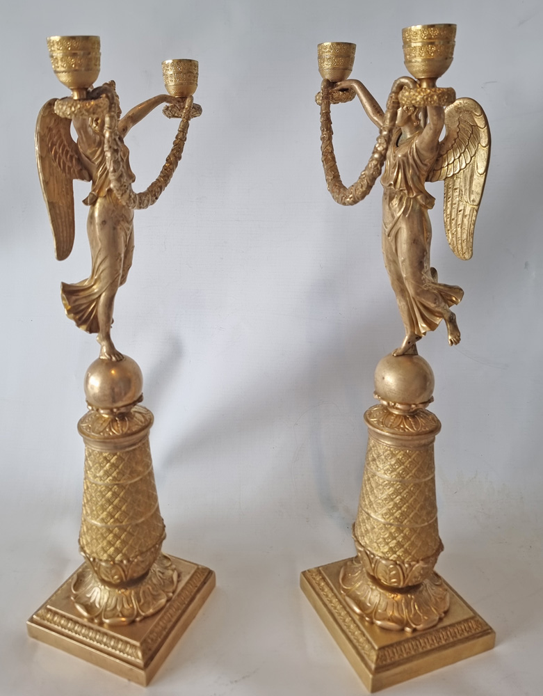 Antique French Empire Pair of ormolu figural two branch candelabra