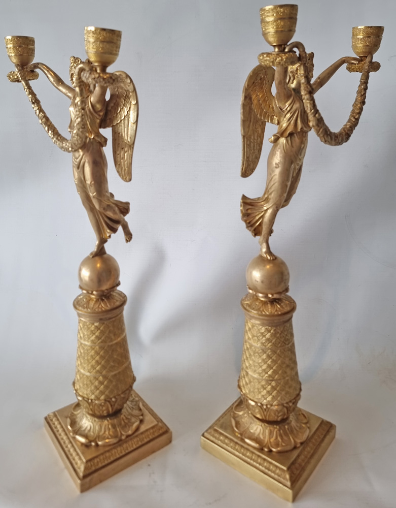 Antique French Empire Pair of ormolu figural two branch candelabra