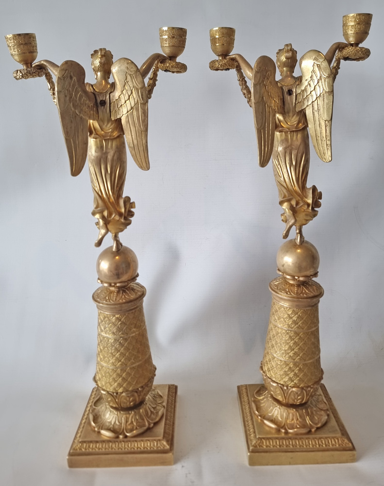 Antique French Empire Pair of ormolu figural two branch candelabra