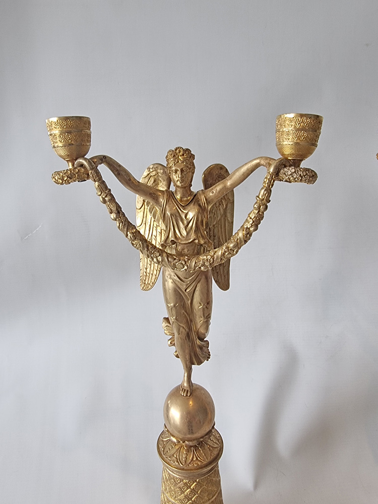 Antique French Empire Pair of ormolu figural two branch candelabra