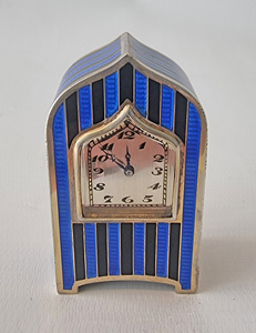 Sub Miniature Silver and Blue Guilloche and Black Enamel Carriage or Travel Clock