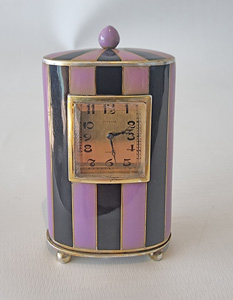 A Fine Art Deco Silver and Black and Purple Enamel Miniature Carriage or Bourdoir Clock by Juvenia