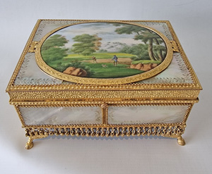 Palais Royal Mother of Pearl, Ormolu and Painted Porcelain Jewellery Box